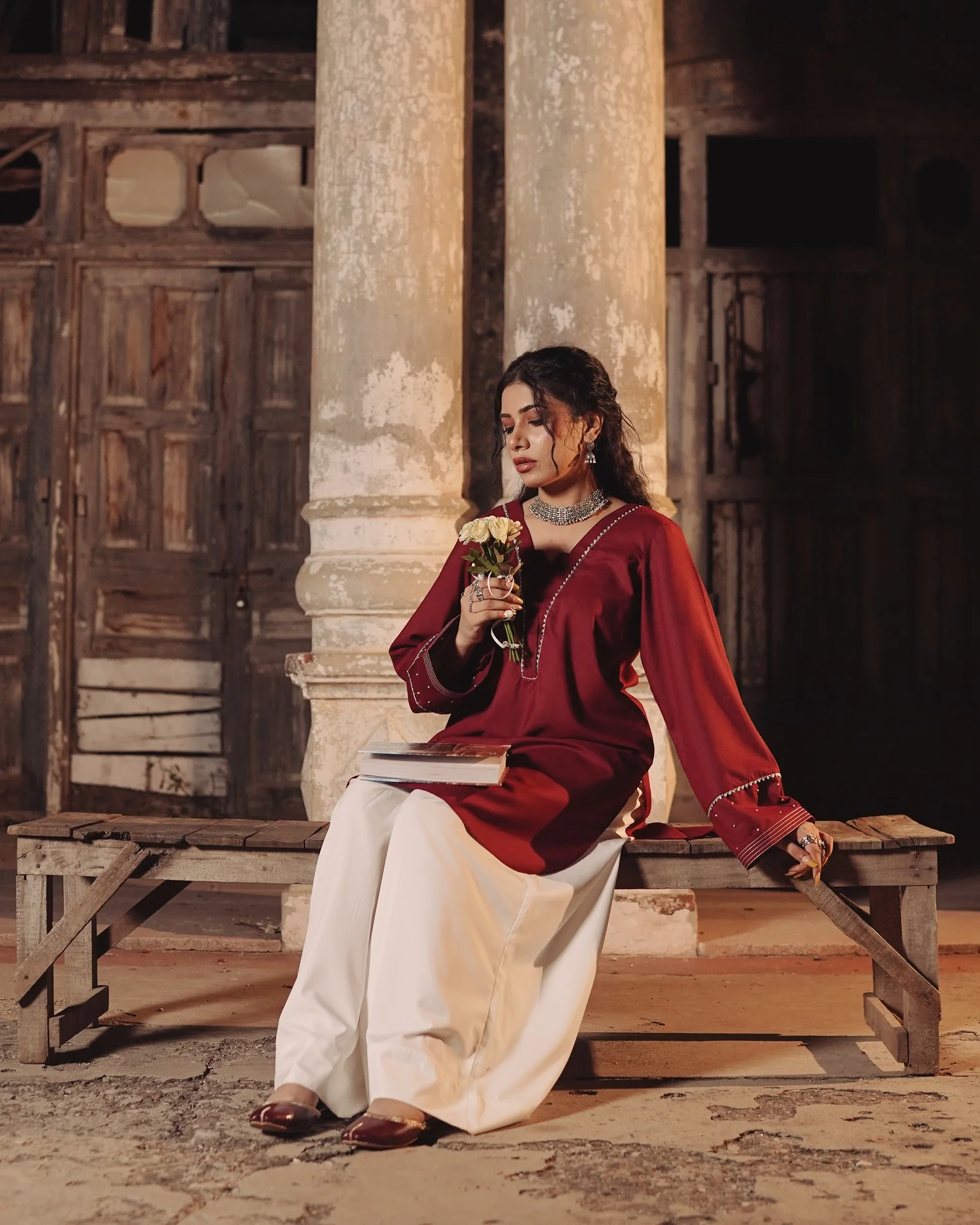 Maroon Winter Short Kurta Set with Off-White Flared Pant