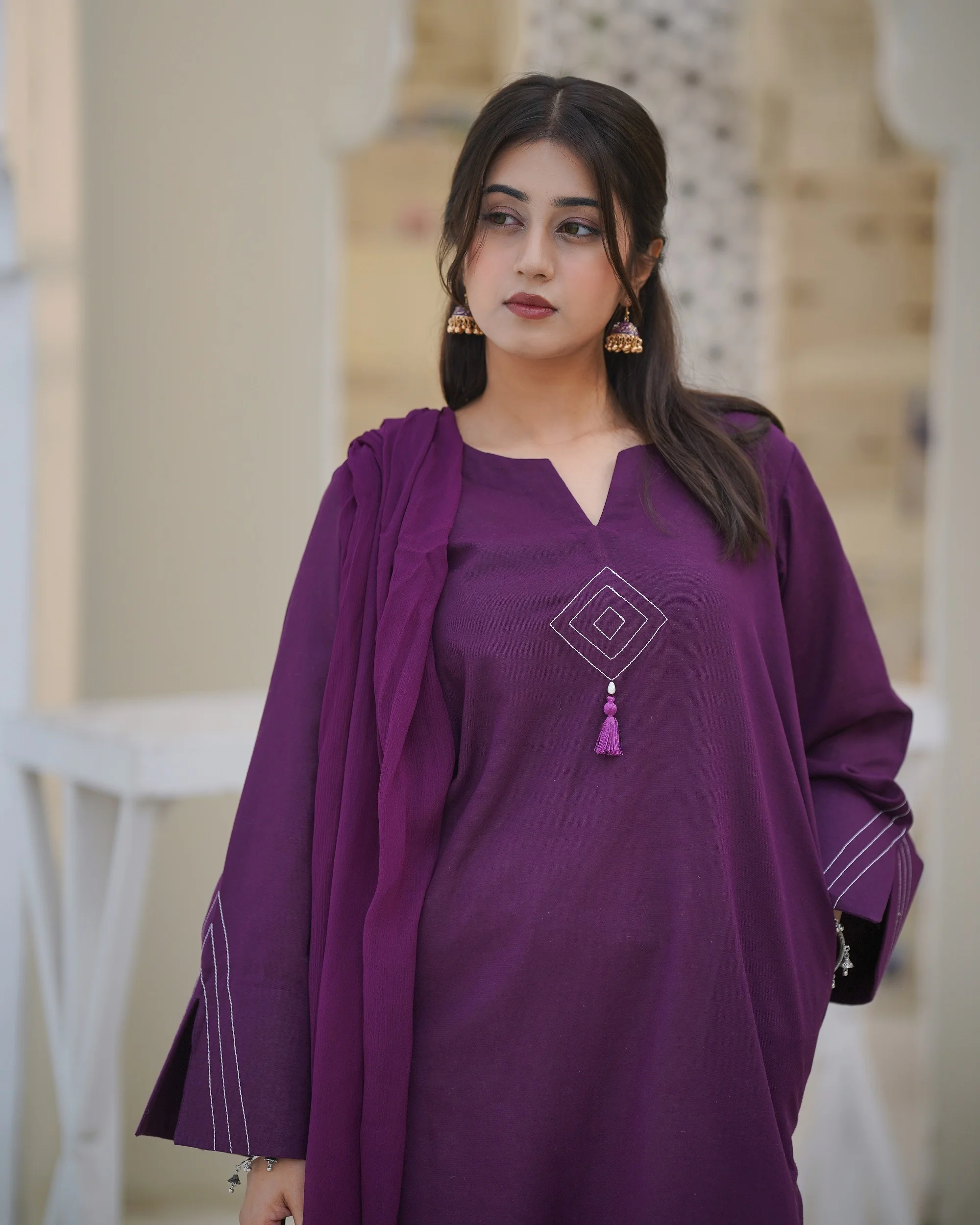 Plum Khaddar Embroidered Suit with Straight Pants