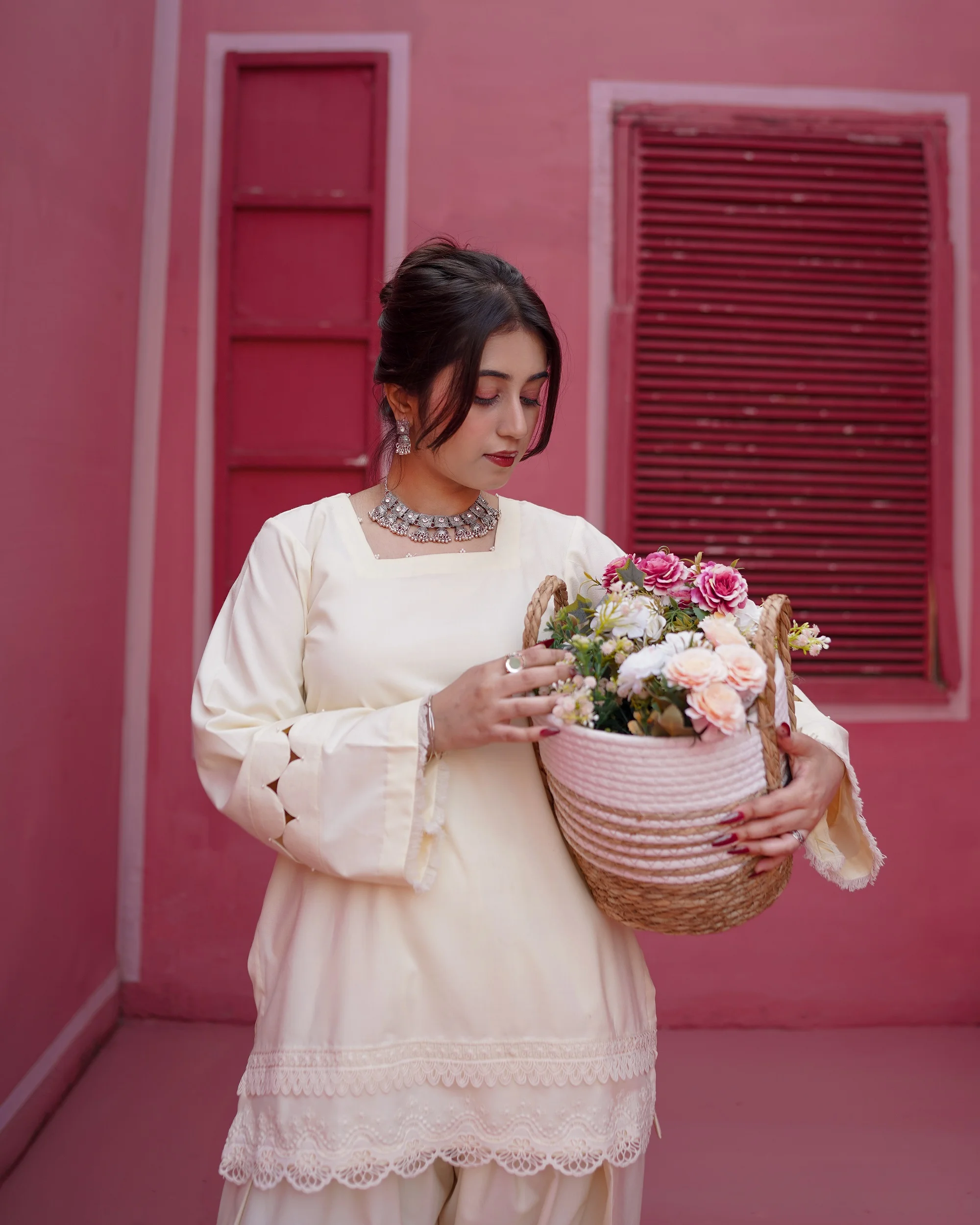 Cream Dhanak Short Shirt with Farshi Shalwar