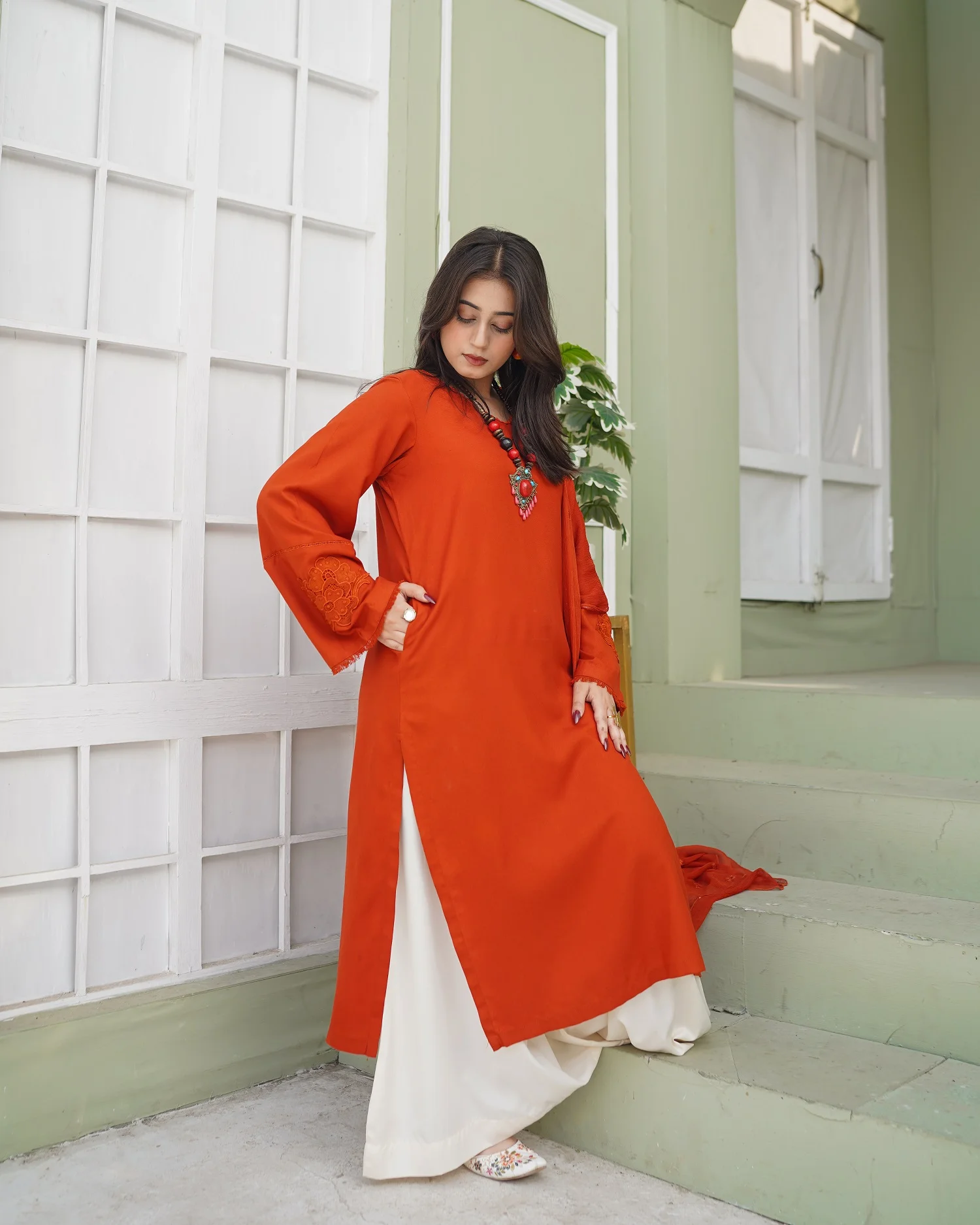 Rust Long Kurta with Cream Flared Palazzo