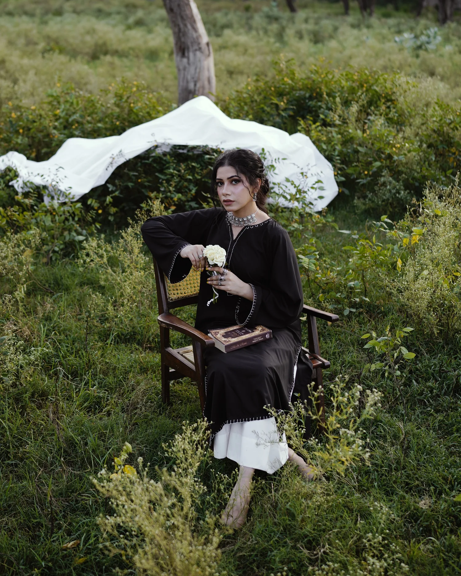 Black Hand-Embroidered Kurta Set with Off-White Bottom